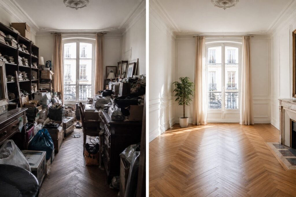 Pièce d’appartement encombrée à gauche, la même pièce vidée et valorisée à droite, parquet en point de Hongrie
