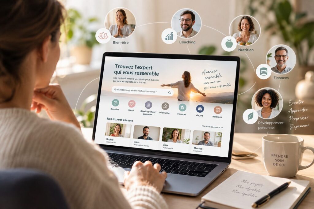 Femme devant un ordinateur portable affichant une plateforme de mise en relation avec des experts du coaching